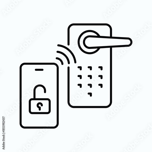 smart lock icon, phone key for unlock door and open, display device with digital access, automatic electronic opening, thin line symbol on white background - editable stroke vector illustration