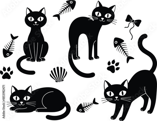 Set of cute black cat vector illustrations in various poses with fish bone symbols isolated on white background for design