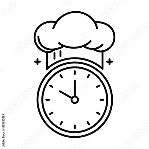 cooking time icon  chef hat and clock  thin line symbol on white background