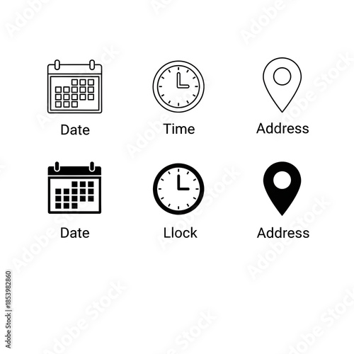 Date Time Address Icons Black Outline Solid Isolated On Transparent Background