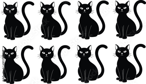 Set of eight cute black cat vector silhouettes sitting with long curled tails isolated on white background for design