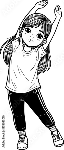 black and white cartoon girl stretching illustration for fitness, healthy lifestyle, warm up exercise, etc.
