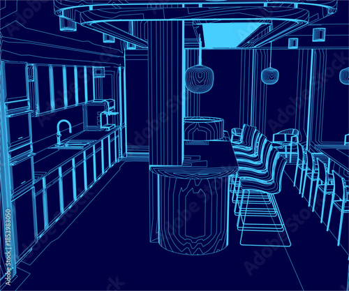 A detailed blueprint of a cruise ship bar kitchen area, featuring contour lines for chairs, tables, and a central pillar with a sink. The technical drawing is set against a deep blue background.