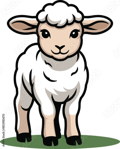 Cute cartoon lamb standing on green grass patch looking friendly