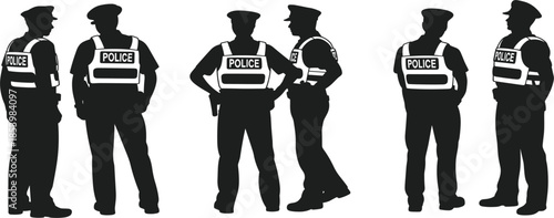 Professional Police Officer Silhouette Set Featuring Law Enforcement Personnel in Safety Vests, Patrolling and Communicating