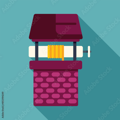 Stone water well with roof, crank and yellow rope in flat design style with long shadow