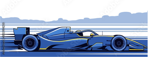 Bright blue race car speeding on track abstract vector illustration, transportation and motorsport concept