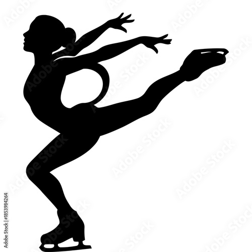 Elegant black silhouette of a female gymnast in a dynamic pose, illustration, white background