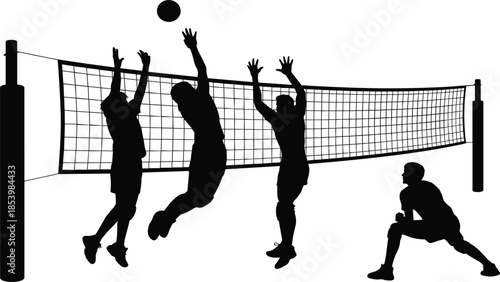 Professional Volleyball Player Silhouette Set Featuring Athletes Jumping, Spiking, and Blocking at the Net