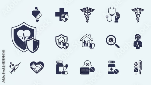 Collection of Medical and Healthcare Icons Representing Health and Safety.