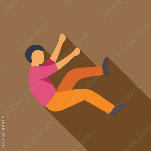 Man falling down on brown background, experiencing loss of balance, accident and clumsiness concept