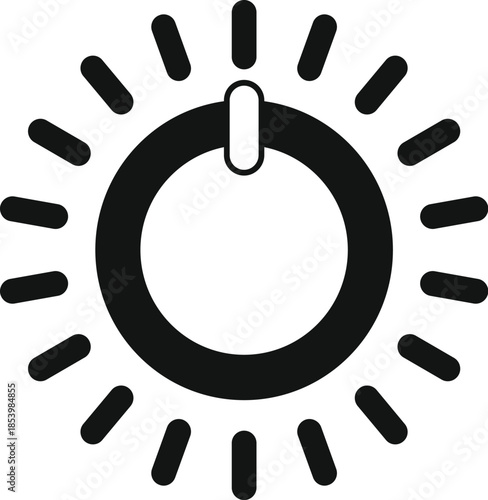 Black round power button with rays shining, representing control, adjustment, and settings
