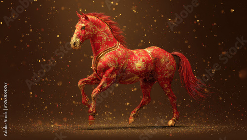 Vibrant red and gold horse adorned with intricate patterns symbolizes prosperity and good fortune, perfect for celebrating Chinese New Year. background sparkles with festive elements