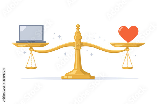 Work life balance concept with scales comparing laptop and heart
