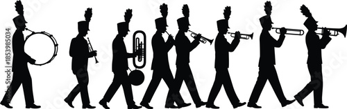 Marching Band Silhouette Set Featuring Professional Musicians Playing Drums, Trumpets, and Tubas in a Parade