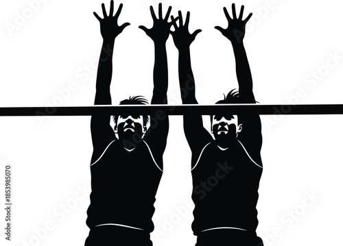 Two men reaching up towards a horizontal bar