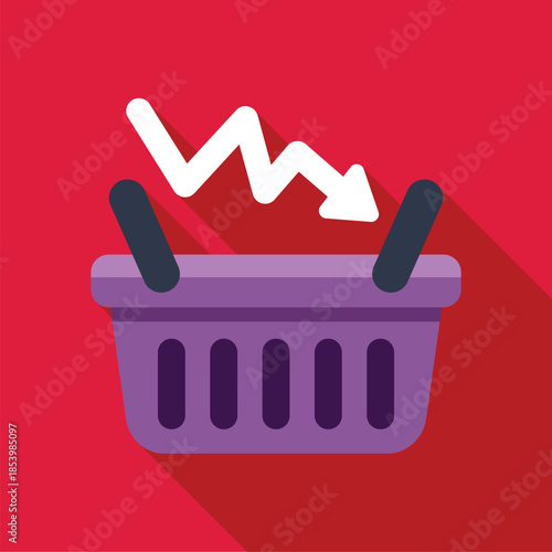 Purple shopping cart with downward trending graph symbolizing decreasing sales and economic crisis