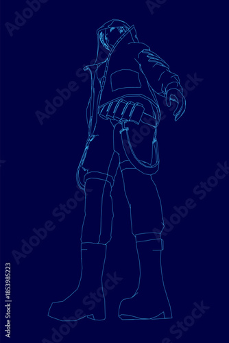 A determined man in a hoodie stands ready against a dark blue background, rendered in a simple, bold line art style.