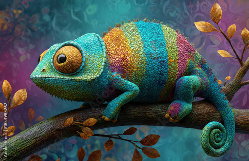 Colorful cartoon chameleon resting on tree branch, showcasing vibrant hues and intricate textures. whimsical design evokes sense of joy and playfulness in magical environment
