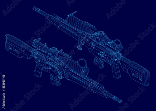 A modern sniper rifle blueprint rendered as a detailed 3D wireframe model on a blue background, featuring the barrel, scope, and stock.