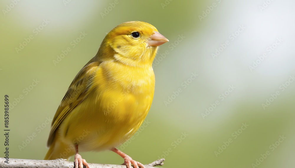 Fototapeta premium Bright Yellow Canary Bird Perched on a Twig with Soft Green Blurred Background