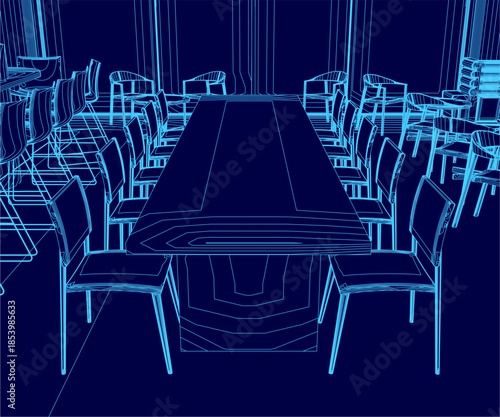 A modern conference room features a long rectangular table with a symmetrical arrangement of surrounding chairs. The warm lighting creates a cozy atmosphere in this defined kitchen area.