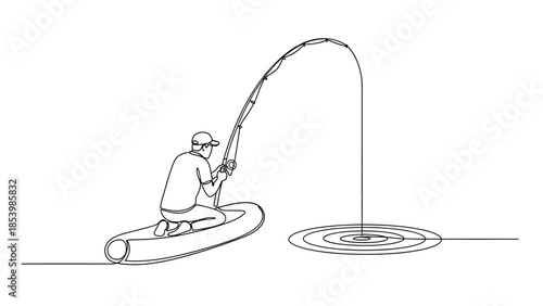 Single line drawing of a man fishing from an inflatable boat.