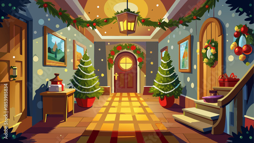 Cozy hallway decorated for Christmas with garlands, lights, wreaths, and warm welcoming holiday entrance