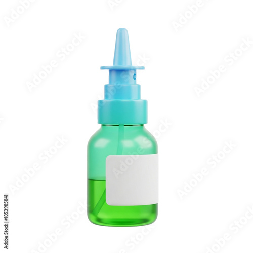 Close-up of a green and blue nasal spray bottle for medical use.