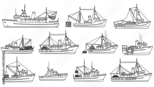 Set of fishing boat and trawler outline icons in various styles.