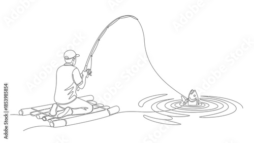 Man fishing on a raft catching a fish, single continuous line art drawing.