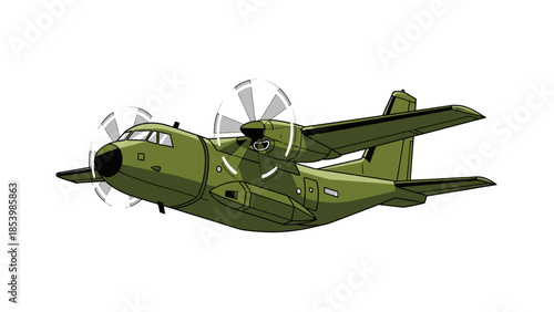 A cartoon illustration of a green military transport aircraft flying.
