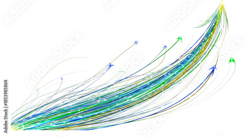 Abstract visualization of network data flow and connectivity paths shown as curving colorful lines isolated on a transparent background for