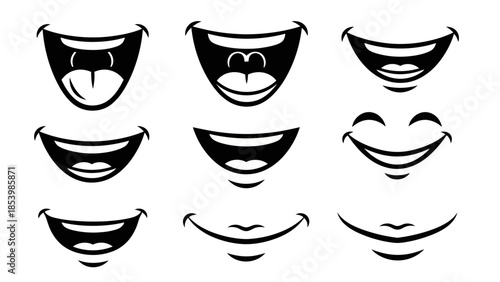 Set of diverse cartoon mouth expressions with happy smiles and laughter.