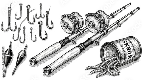 Detailed hand-drawn illustration of fishing equipment set on white.