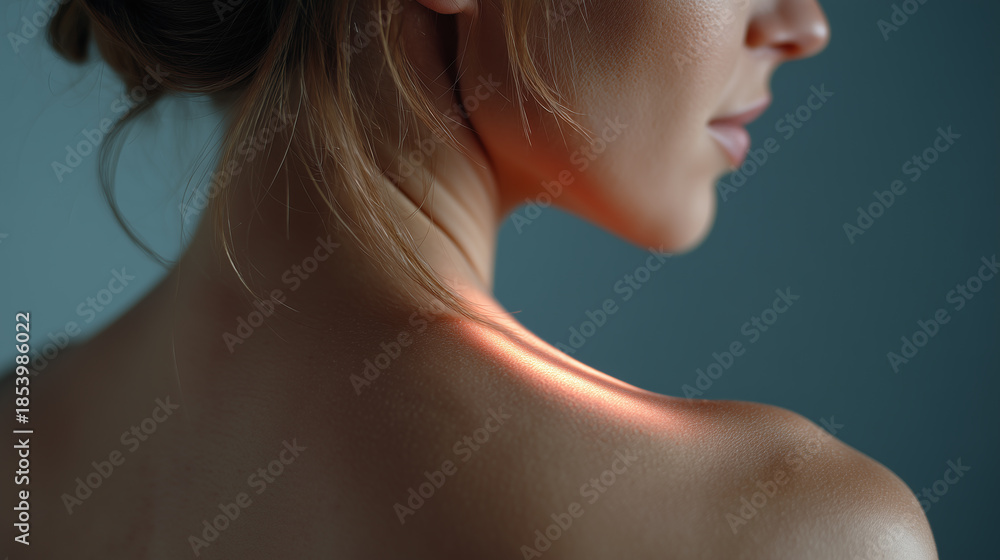 Fototapeta premium Close up focus on back torso curve glowing under soft diffuse light with smooth skin and delicate hair strands near neck and shoulder in calm blue background