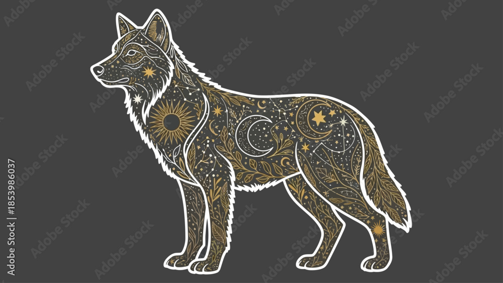 Obraz premium Celestial wolf with moon, sun and stars pattern