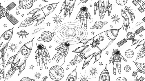 Hand-drawn space pattern with astronauts, rockets, planets and stars.