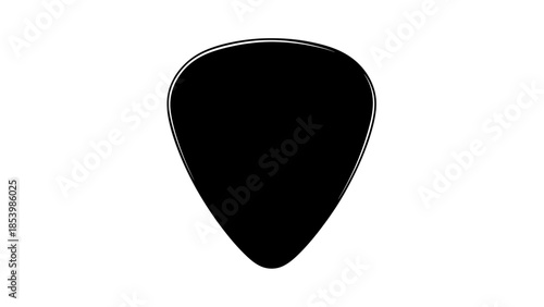 A single black guitar pick on a white background.