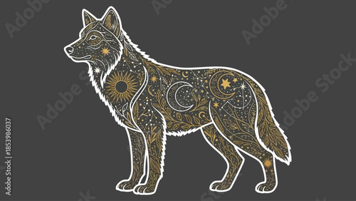 Celestial wolf with moon, sun and stars pattern