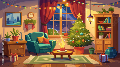 Small apartment living room with cozy Christmas decorations, compact tree, warm lights, and intimate holiday ambiance