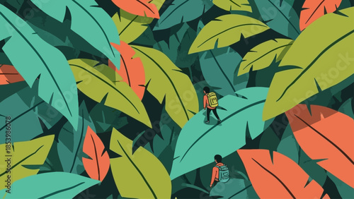 Two hikers explore a vibrant, leafy jungle.