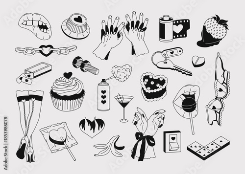 Outline set stickers of Valentine's Day and Love. Minimal linear black design of romantic and sensuality elements. Hand drawn monochrome doodle pack for daily planner, scrapbooking, print, tattoo