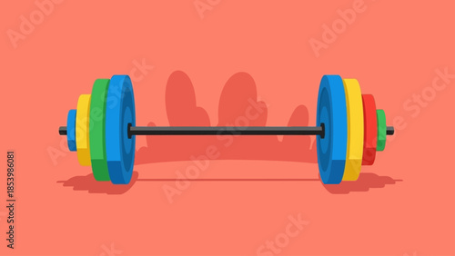 Barbell with colorful weight plates on a coral background