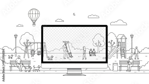 Computer screen displays people and activities in a park.