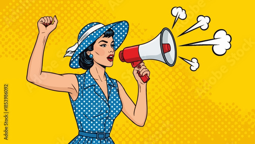Pop art woman shouting into a megaphone with raised fist