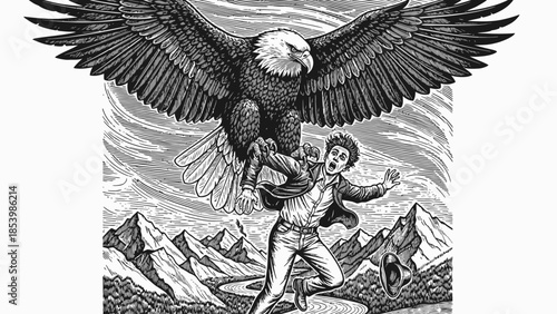 Eagle attacks a terrified man in a mountainous landscape.
