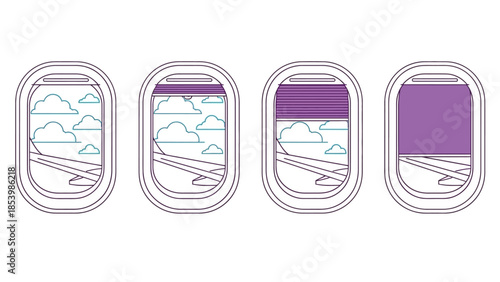 Four airplane windows showing clouds and wing, some with shades down