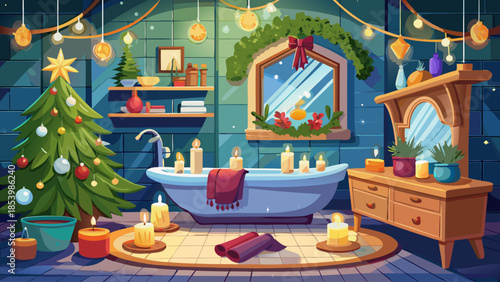 Christmas bathroom decor with candles, pine branches, festive towels, and spa-like cozy winter atmosphere