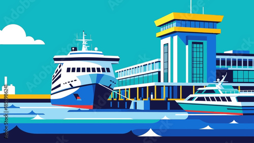Modern ferry boat terminal with cruise ship and yacht.